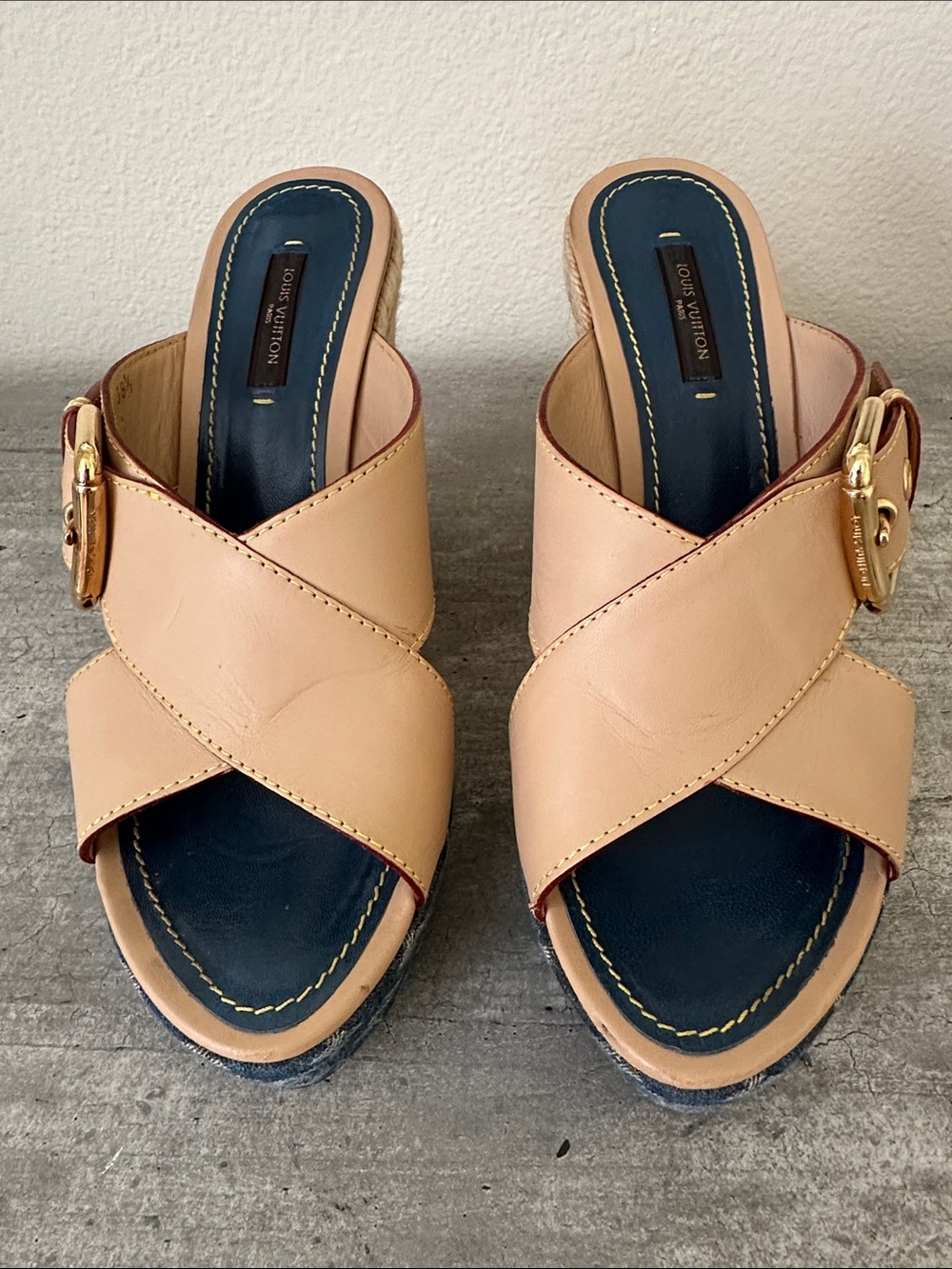 Louis Vuitton Blue Denim Monogram Leather Juan Les Pins Espadrille Wedges 38 1/2
